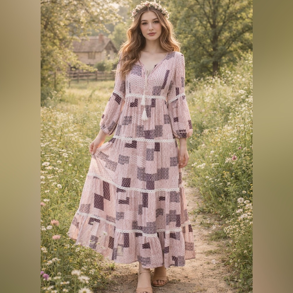 Boho Cottagecore Patchwork Pink Black Tiered Tassel Maxi Dress Size M